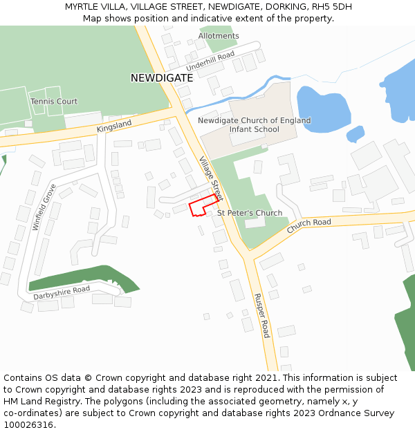 MYRTLE VILLA, VILLAGE STREET, NEWDIGATE, DORKING, RH5 5DH: Location map and indicative extent of plot