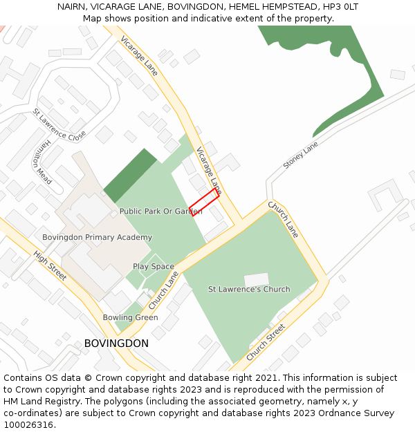 NAIRN, VICARAGE LANE, BOVINGDON, HEMEL HEMPSTEAD, HP3 0LT: Location map and indicative extent of plot