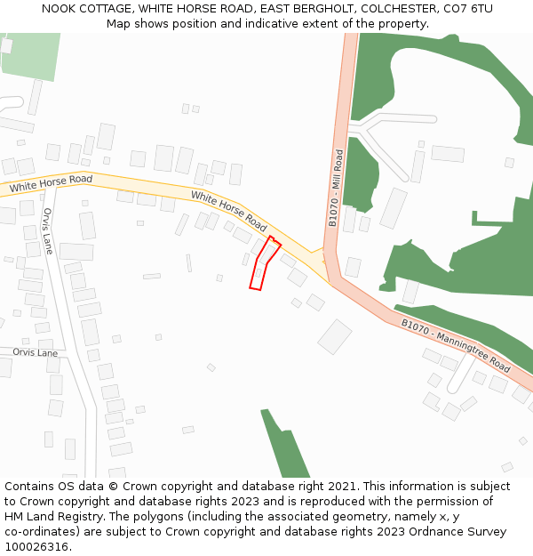 NOOK COTTAGE, WHITE HORSE ROAD, EAST BERGHOLT, COLCHESTER, CO7 6TU: Location map and indicative extent of plot