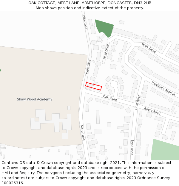 OAK COTTAGE, MERE LANE, ARMTHORPE, DONCASTER, DN3 2HR: Location map and indicative extent of plot