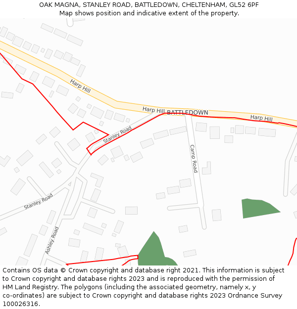 OAK MAGNA, STANLEY ROAD, BATTLEDOWN, CHELTENHAM, GL52 6PF: Location map and indicative extent of plot