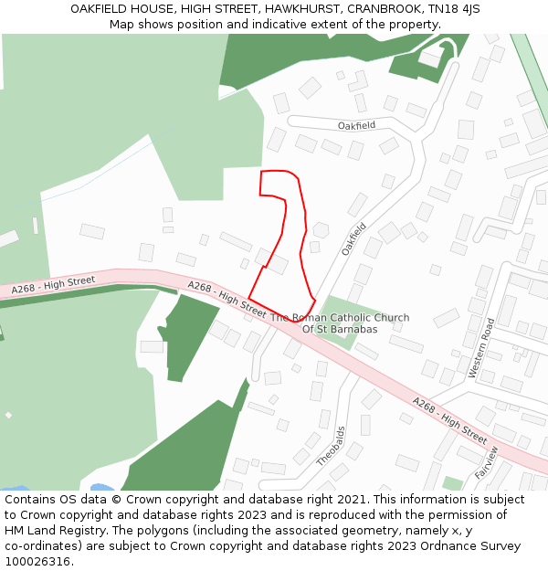 OAKFIELD HOUSE, HIGH STREET, HAWKHURST, CRANBROOK, TN18 4JS: Location map and indicative extent of plot