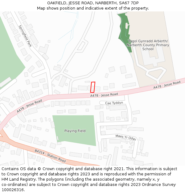 OAKFIELD, JESSE ROAD, NARBERTH, SA67 7DP: Location map and indicative extent of plot