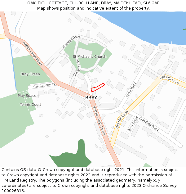 OAKLEIGH COTTAGE, CHURCH LANE, BRAY, MAIDENHEAD, SL6 2AF: Location map and indicative extent of plot