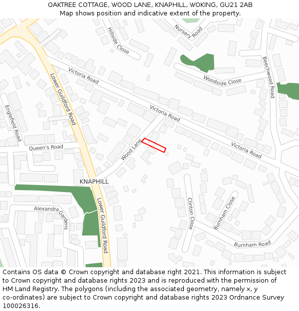 OAKTREE COTTAGE, WOOD LANE, KNAPHILL, WOKING, GU21 2AB: Location map and indicative extent of plot