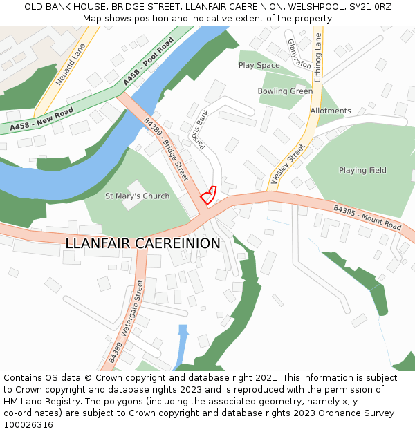OLD BANK HOUSE, BRIDGE STREET, LLANFAIR CAEREINION, WELSHPOOL, SY21 0RZ: Location map and indicative extent of plot