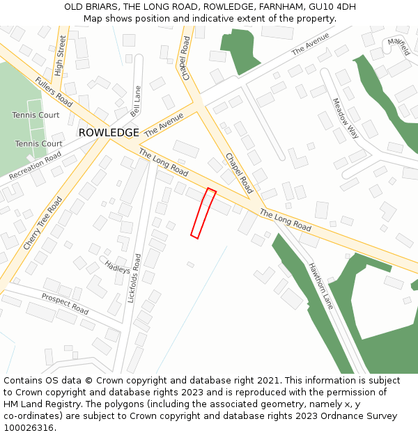 OLD BRIARS, THE LONG ROAD, ROWLEDGE, FARNHAM, GU10 4DH: Location map and indicative extent of plot