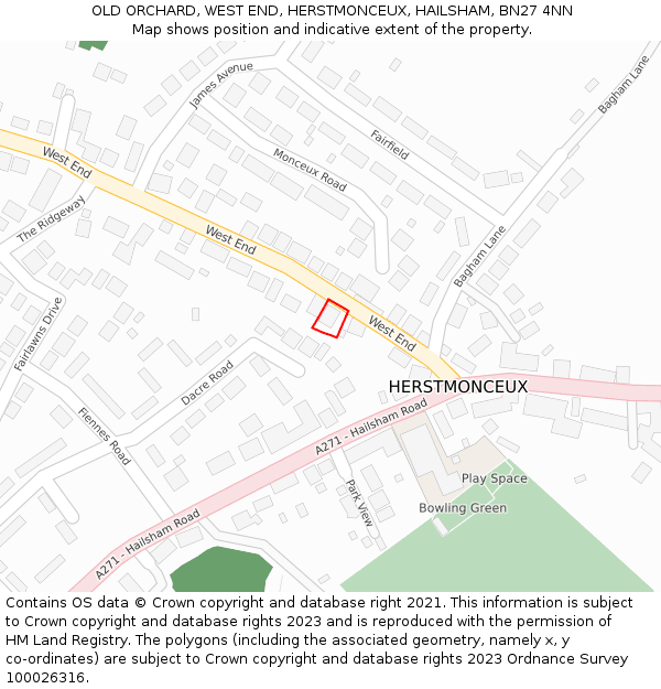 OLD ORCHARD, WEST END, HERSTMONCEUX, HAILSHAM, BN27 4NN: Location map and indicative extent of plot