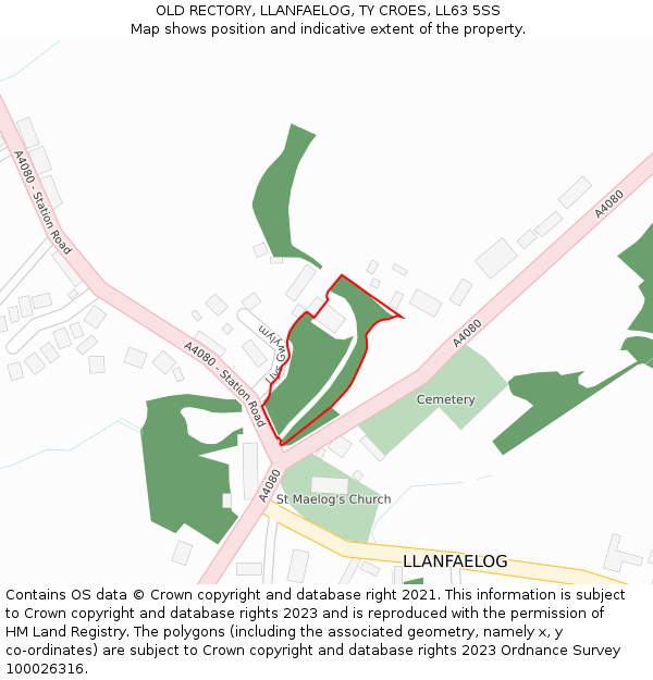 OLD RECTORY, LLANFAELOG, TY CROES, LL63 5SS: Location map and indicative extent of plot