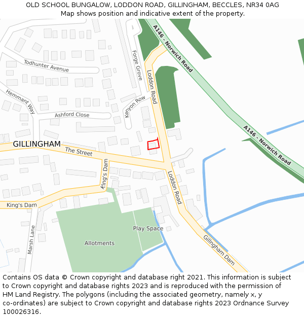 OLD SCHOOL BUNGALOW, LODDON ROAD, GILLINGHAM, BECCLES, NR34 0AG: Location map and indicative extent of plot