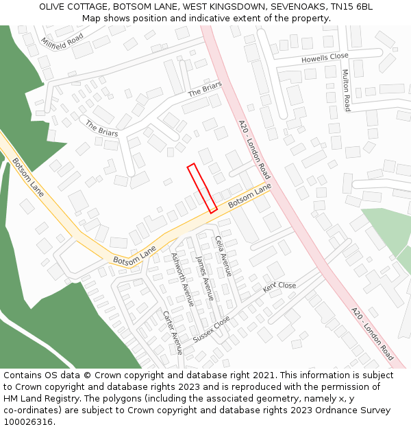 OLIVE COTTAGE, BOTSOM LANE, WEST KINGSDOWN, SEVENOAKS, TN15 6BL: Location map and indicative extent of plot