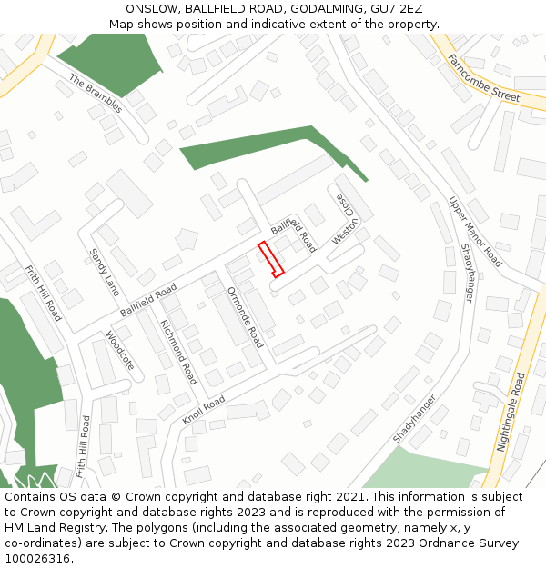 ONSLOW, BALLFIELD ROAD, GODALMING, GU7 2EZ: Location map and indicative extent of plot