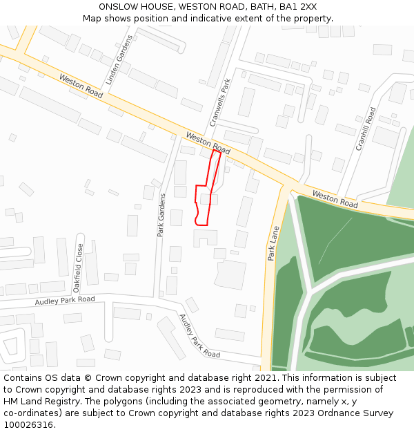 ONSLOW HOUSE, WESTON ROAD, BATH, BA1 2XX: Location map and indicative extent of plot