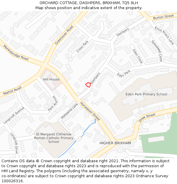 ORCHARD COTTAGE, DASHPERS, BRIXHAM, TQ5 9LH: Location map and indicative extent of plot