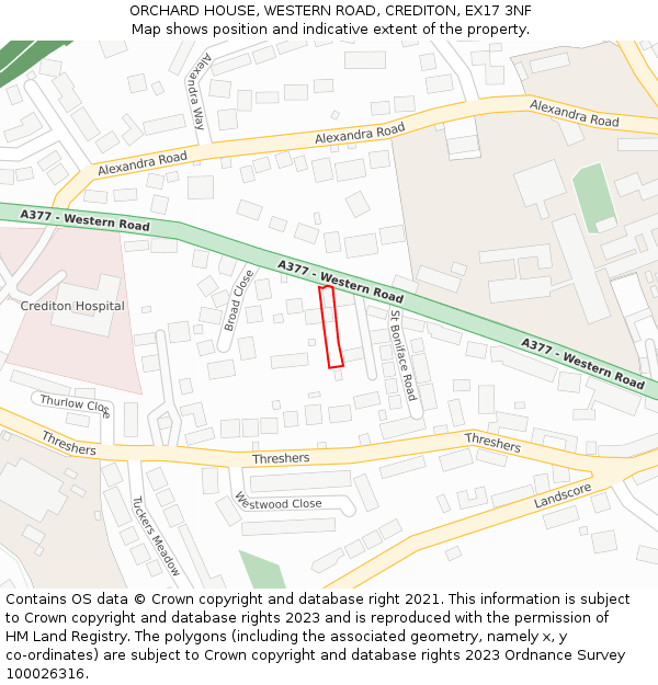 ORCHARD HOUSE, WESTERN ROAD, CREDITON, EX17 3NF: Location map and indicative extent of plot