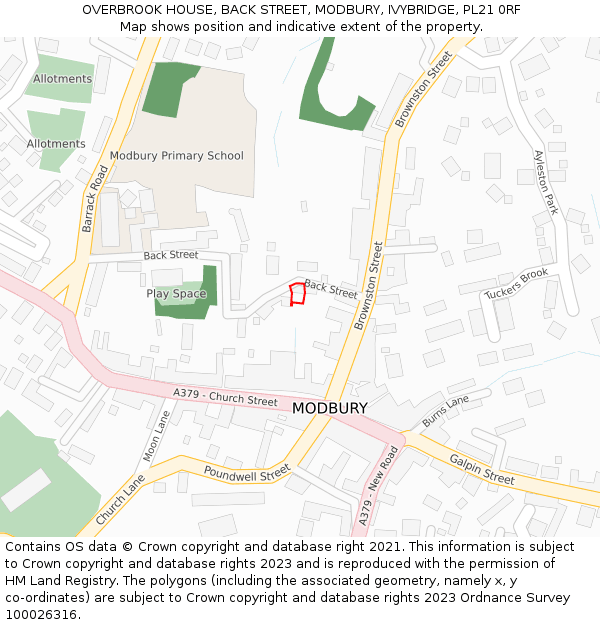 OVERBROOK HOUSE, BACK STREET, MODBURY, IVYBRIDGE, PL21 0RF: Location map and indicative extent of plot