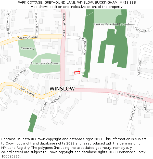 PARK COTTAGE, GREYHOUND LANE, WINSLOW, BUCKINGHAM, MK18 3EB: Location map and indicative extent of plot