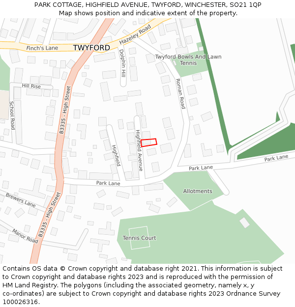 PARK COTTAGE, HIGHFIELD AVENUE, TWYFORD, WINCHESTER, SO21 1QP: Location map and indicative extent of plot