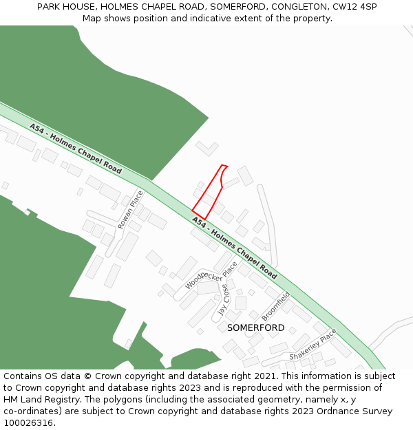 PARK HOUSE, HOLMES CHAPEL ROAD, SOMERFORD, CONGLETON, CW12 4SP: Location map and indicative extent of plot