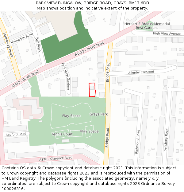 PARK VIEW BUNGALOW, BRIDGE ROAD, GRAYS, RM17 6DB: Location map and indicative extent of plot