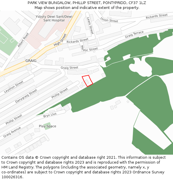 PARK VIEW BUNGALOW, PHILLIP STREET, PONTYPRIDD, CF37 1LZ: Location map and indicative extent of plot