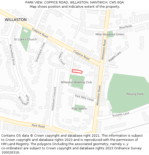 PARK VIEW, COPPICE ROAD, WILLASTON, NANTWICH, CW5 6QA: Location map and indicative extent of plot