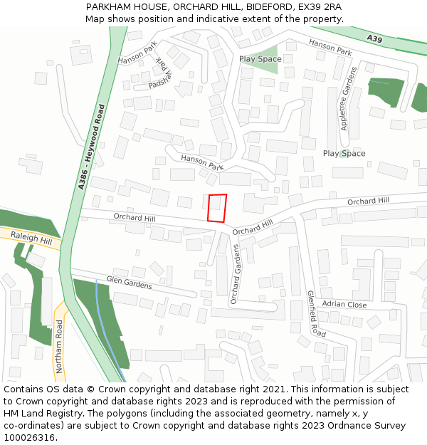 PARKHAM HOUSE, ORCHARD HILL, BIDEFORD, EX39 2RA: Location map and indicative extent of plot