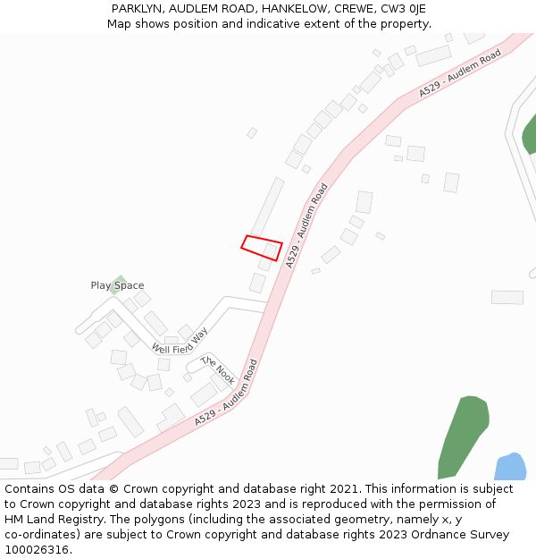 PARKLYN, AUDLEM ROAD, HANKELOW, CREWE, CW3 0JE: Location map and indicative extent of plot