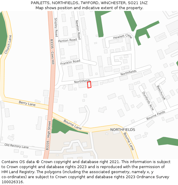 PARLETTS, NORTHFIELDS, TWYFORD, WINCHESTER, SO21 1NZ: Location map and indicative extent of plot