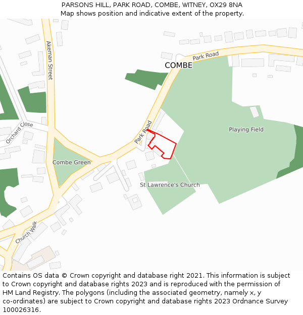 PARSONS HILL, PARK ROAD, COMBE, WITNEY, OX29 8NA: Location map and indicative extent of plot