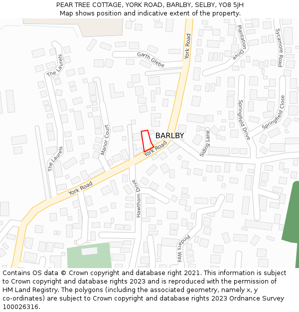 PEAR TREE COTTAGE, YORK ROAD, BARLBY, SELBY, YO8 5JH: Location map and indicative extent of plot