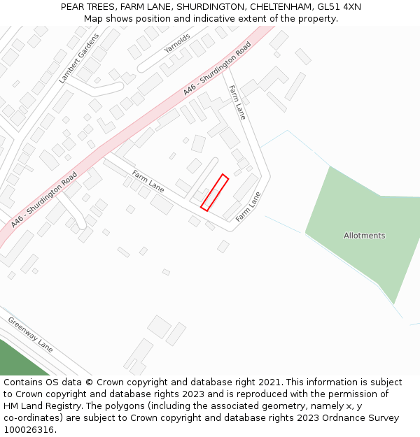 PEAR TREES, FARM LANE, SHURDINGTON, CHELTENHAM, GL51 4XN: Location map and indicative extent of plot