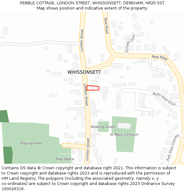 PEBBLE COTTAGE, LONDON STREET, WHISSONSETT, DEREHAM, NR20 5ST: Location map and indicative extent of plot