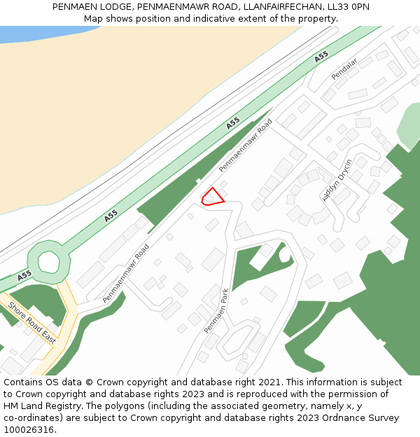 PENMAEN LODGE, PENMAENMAWR ROAD, LLANFAIRFECHAN, LL33 0PN: Location map and indicative extent of plot