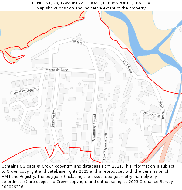 PENPONT, 28, TYWARNHAYLE ROAD, PERRANPORTH, TR6 0DX: Location map and indicative extent of plot