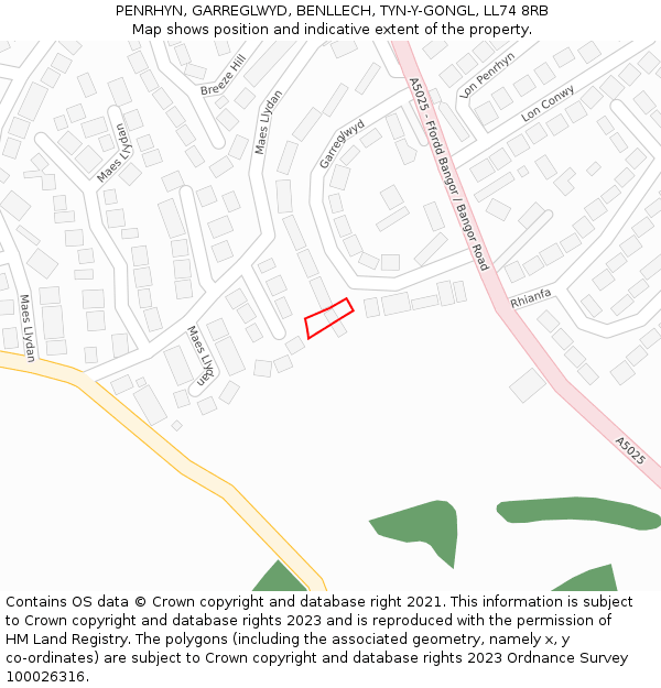 PENRHYN, GARREGLWYD, BENLLECH, TYN-Y-GONGL, LL74 8RB: Location map and indicative extent of plot