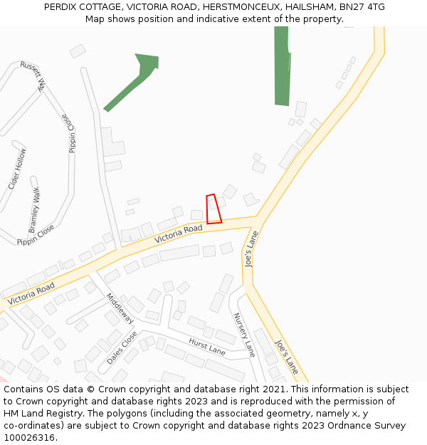 PERDIX COTTAGE, VICTORIA ROAD, HERSTMONCEUX, HAILSHAM, BN27 4TG: Location map and indicative extent of plot