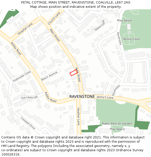 PETAL COTTAGE, MAIN STREET, RAVENSTONE, COALVILLE, LE67 2AS: Location map and indicative extent of plot