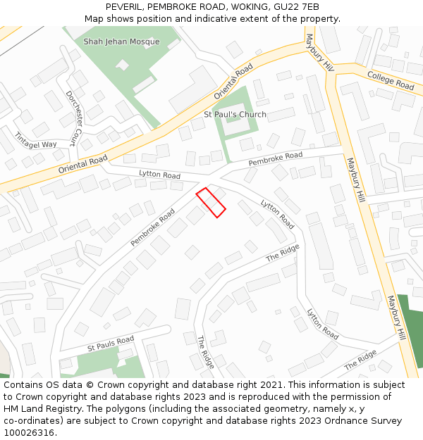PEVERIL, PEMBROKE ROAD, WOKING, GU22 7EB: Location map and indicative extent of plot