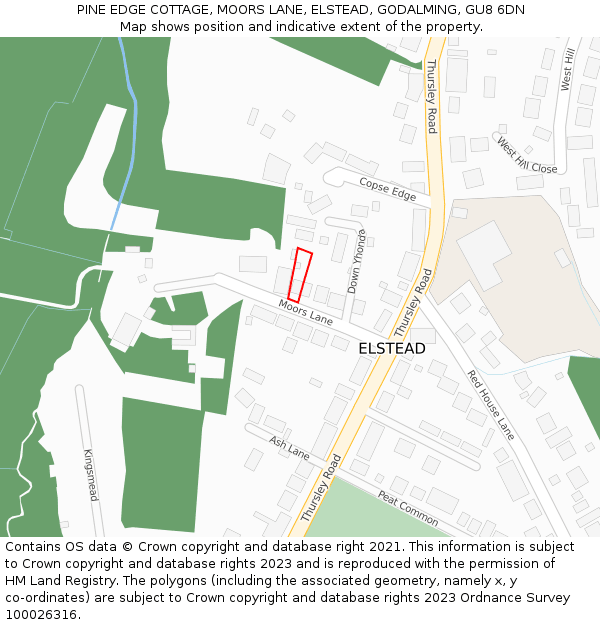 PINE EDGE COTTAGE, MOORS LANE, ELSTEAD, GODALMING, GU8 6DN: Location map and indicative extent of plot