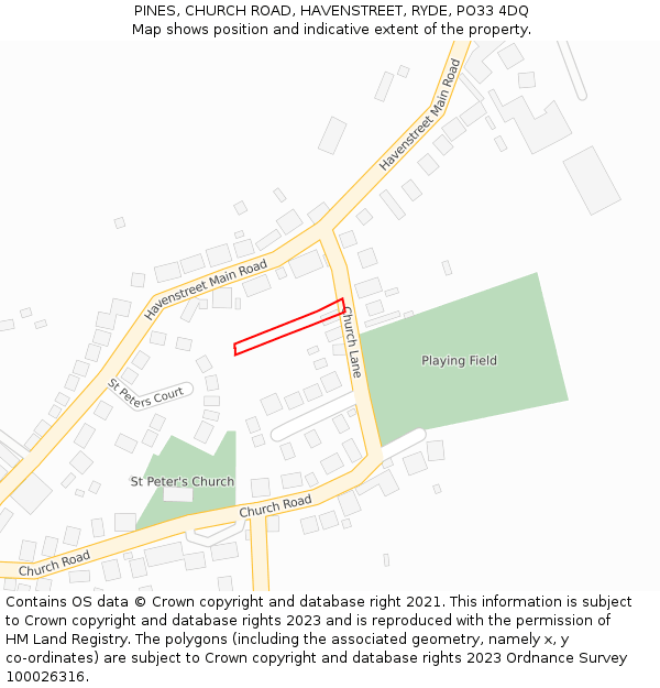 PINES, CHURCH ROAD, HAVENSTREET, RYDE, PO33 4DQ: Location map and indicative extent of plot