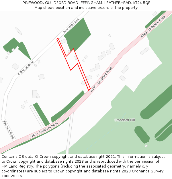 PINEWOOD, GUILDFORD ROAD, EFFINGHAM, LEATHERHEAD, KT24 5QF: Location map and indicative extent of plot