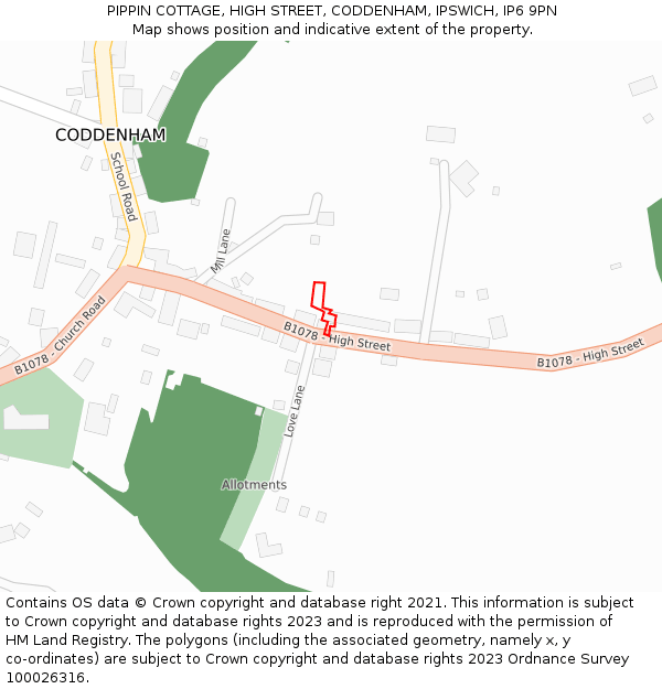 PIPPIN COTTAGE, HIGH STREET, CODDENHAM, IPSWICH, IP6 9PN: Location map and indicative extent of plot