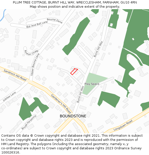 PLUM TREE COTTAGE, BURNT HILL WAY, WRECCLESHAM, FARNHAM, GU10 4RN: Location map and indicative extent of plot