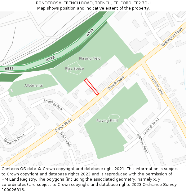 PONDEROSA, TRENCH ROAD, TRENCH, TELFORD, TF2 7DU: Location map and indicative extent of plot