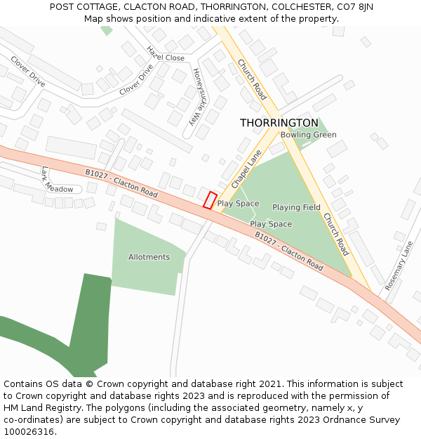 POST COTTAGE, CLACTON ROAD, THORRINGTON, COLCHESTER, CO7 8JN: Location map and indicative extent of plot