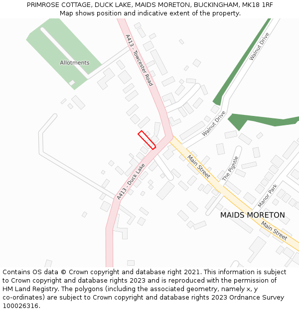 PRIMROSE COTTAGE, DUCK LAKE, MAIDS MORETON, BUCKINGHAM, MK18 1RF: Location map and indicative extent of plot