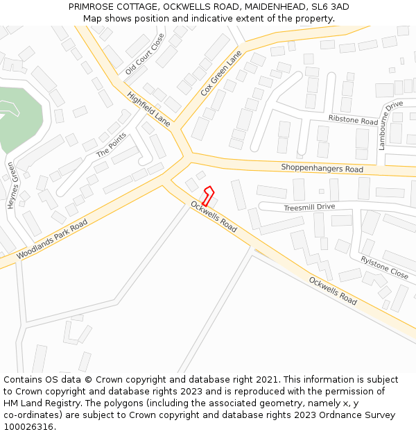 PRIMROSE COTTAGE, OCKWELLS ROAD, MAIDENHEAD, SL6 3AD: Location map and indicative extent of plot