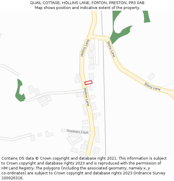 QUAIL COTTAGE, HOLLINS LANE, FORTON, PRESTON, PR3 0AB: Location map and indicative extent of plot