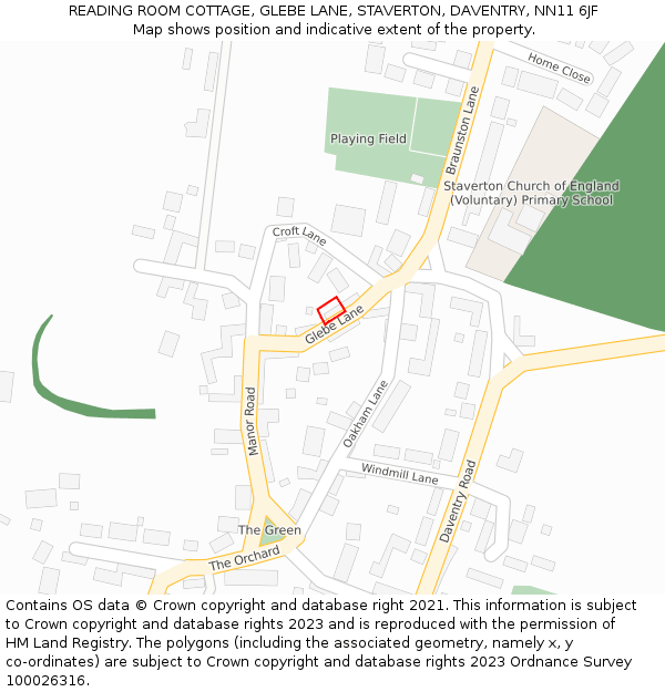 READING ROOM COTTAGE, GLEBE LANE, STAVERTON, DAVENTRY, NN11 6JF: Location map and indicative extent of plot